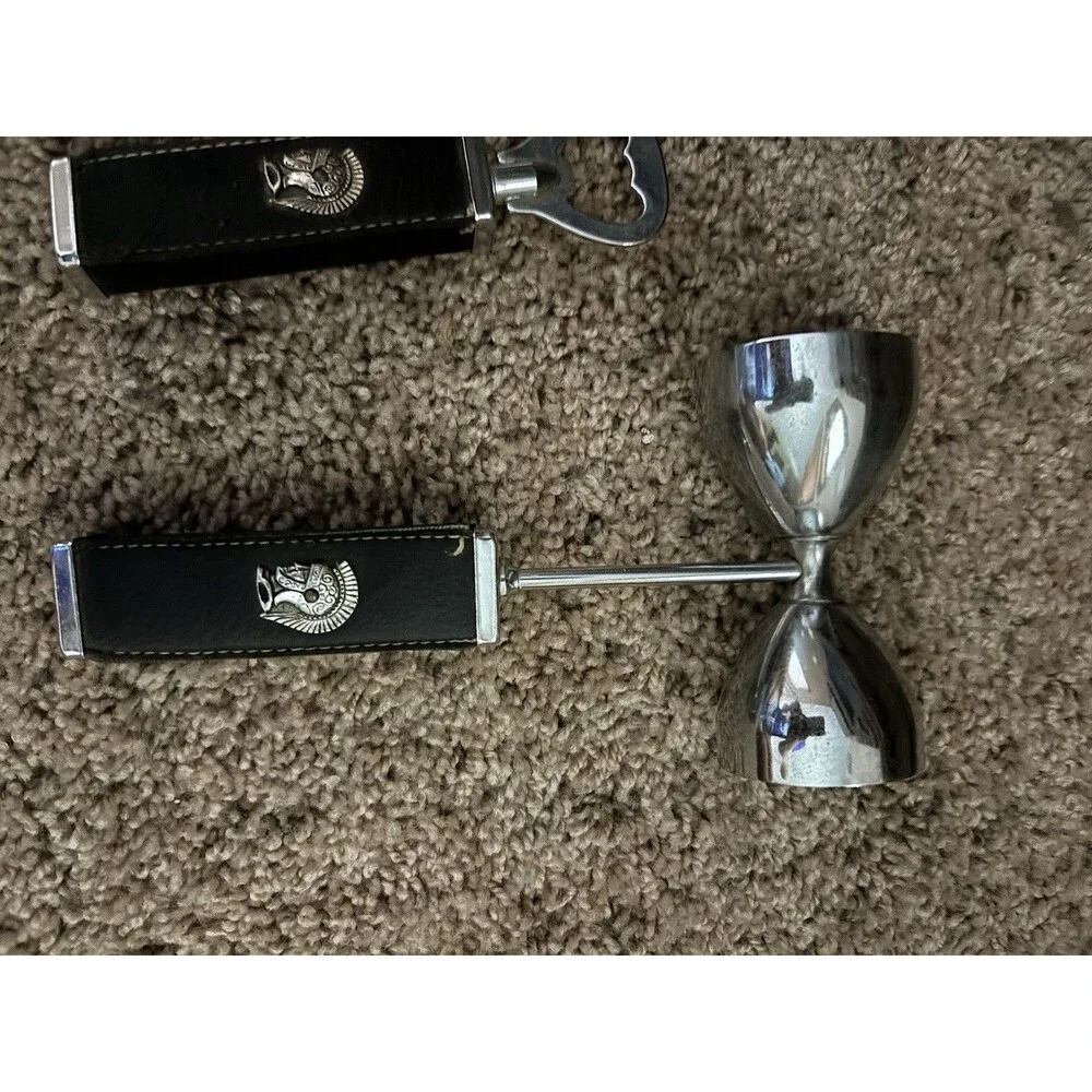 Vintage 1960s Bar Set Trojan Roman Soldier Leather Handles  4 Piece Set Black